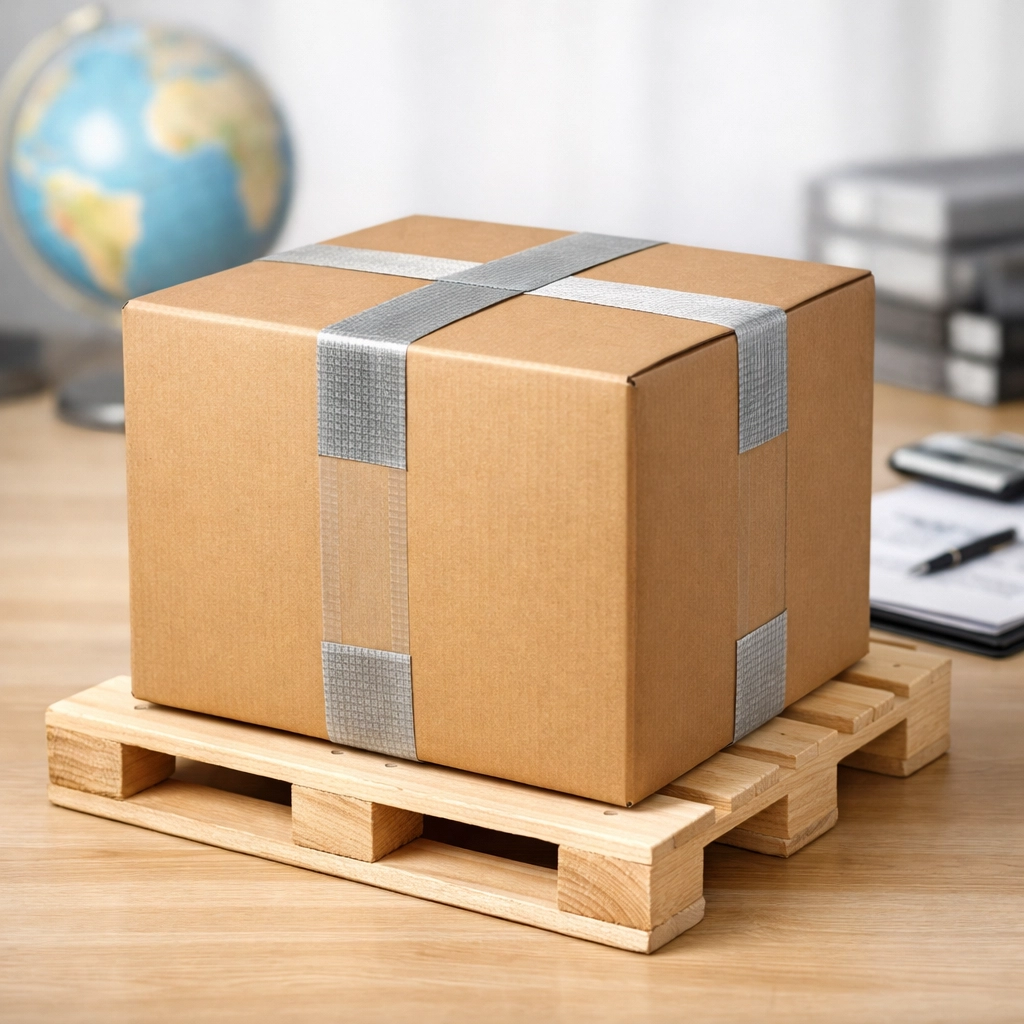 Securely packed parcel on a wooden pallet with customs documentation for safe shipping to Nigeria.