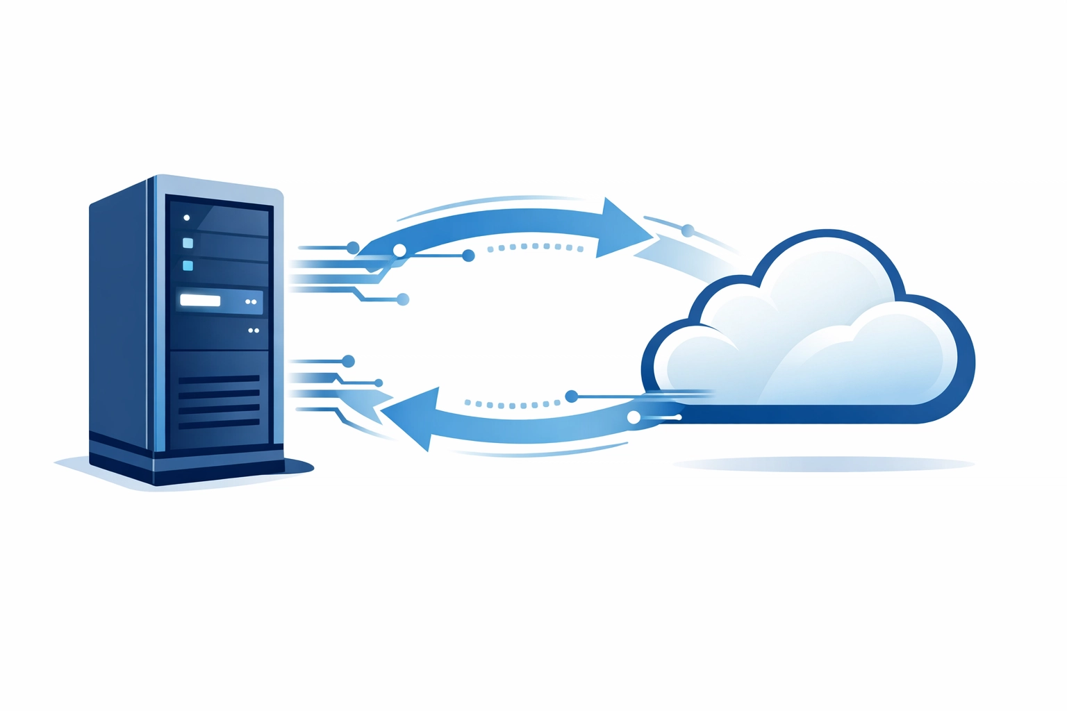 Illustration of hybrid data backup with a local server tower syncing to a secure cloud icon.
