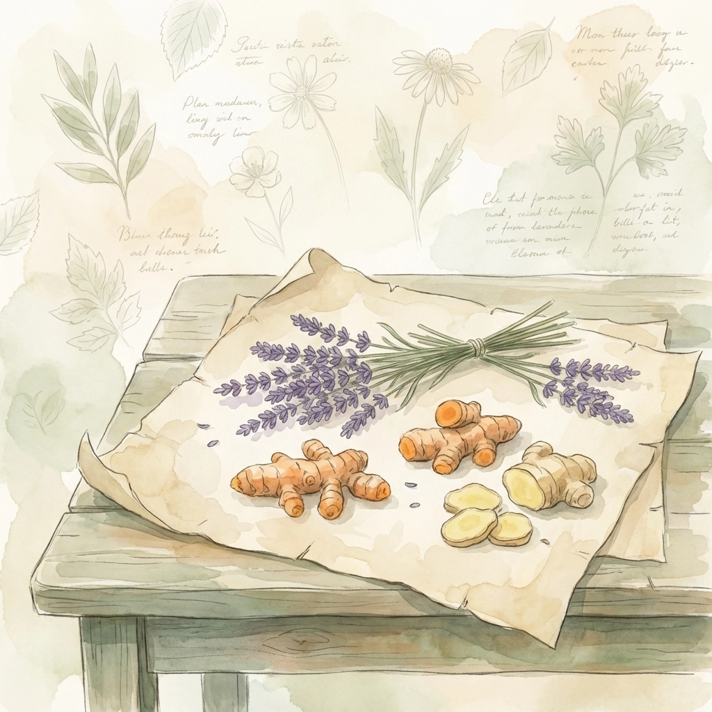 Overhead view of an ancient apothecary table with herbs like lavender, turmeric, and ginger, symbolizing natural remedies history.