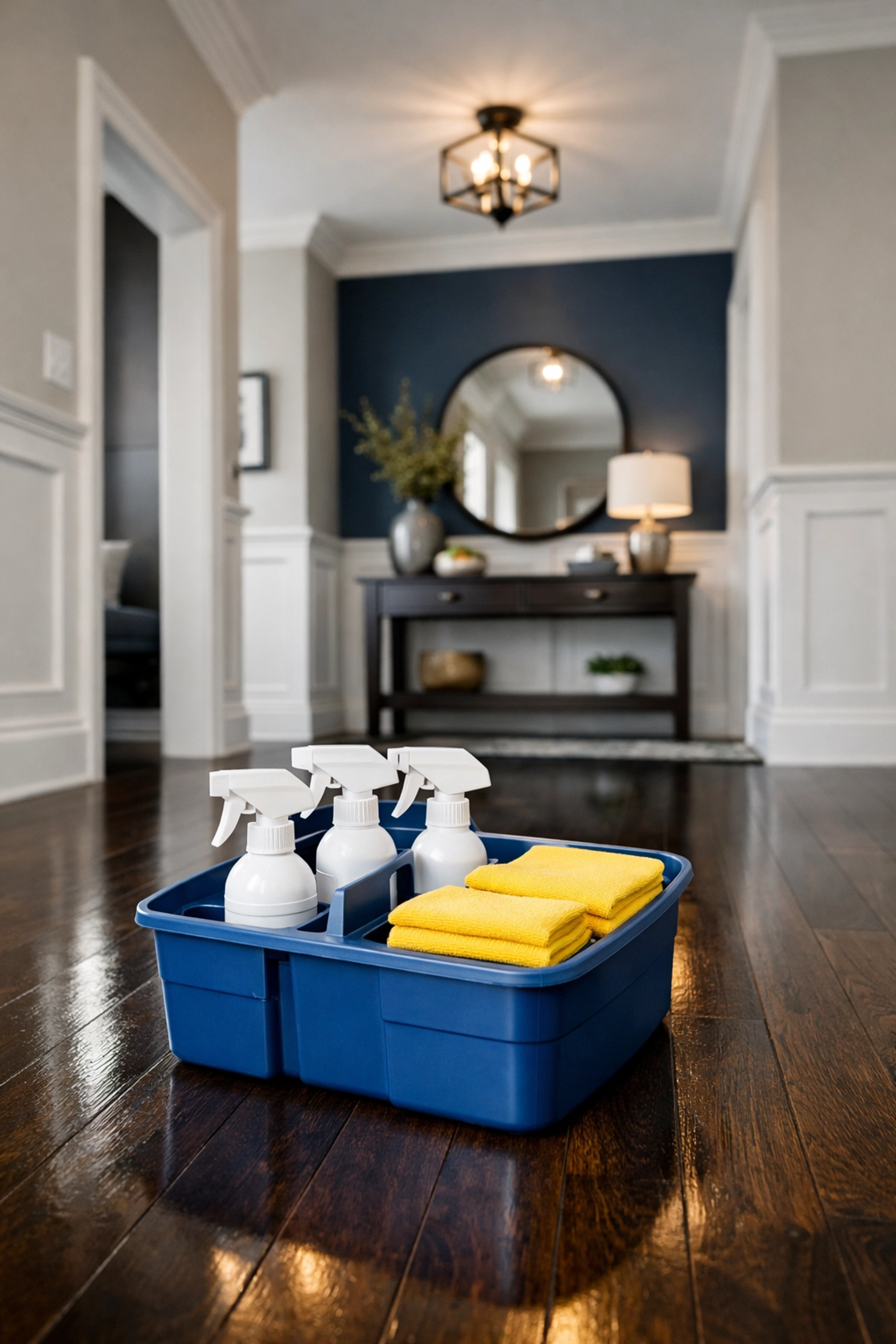 Organized professional cleaning kit in a modern Leominster home entryway, ready for residential cleaning services.