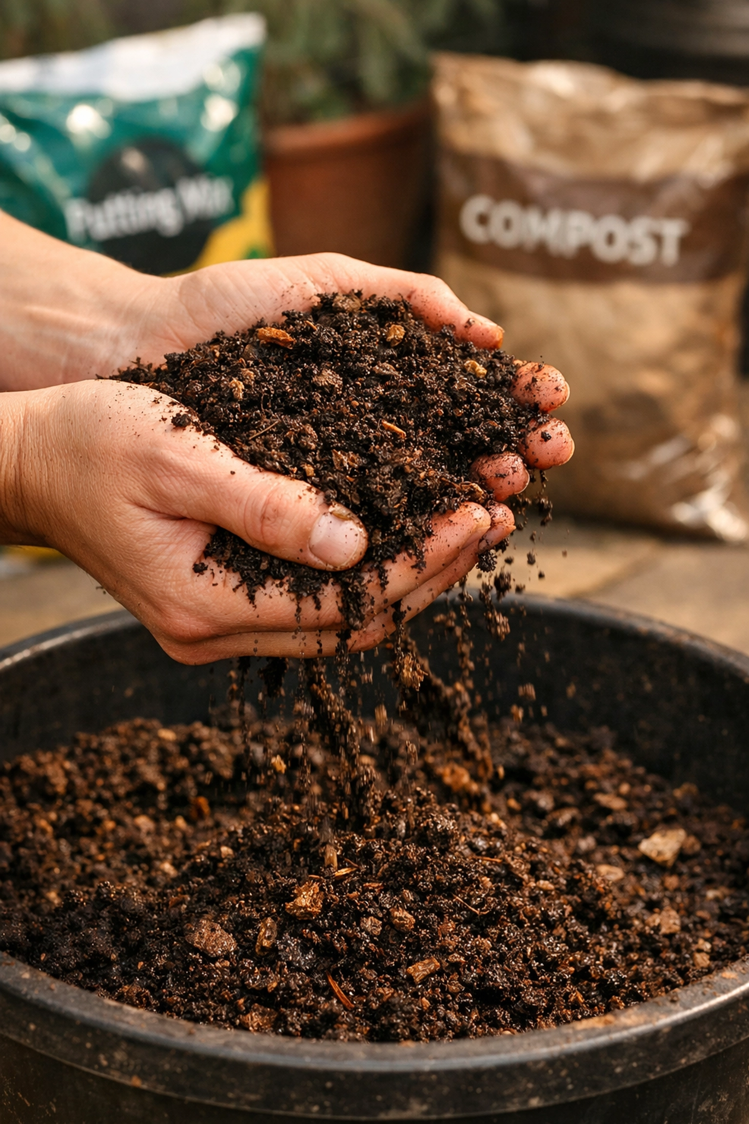 Hands holding potting soil mixed with compost for container pepper gardening