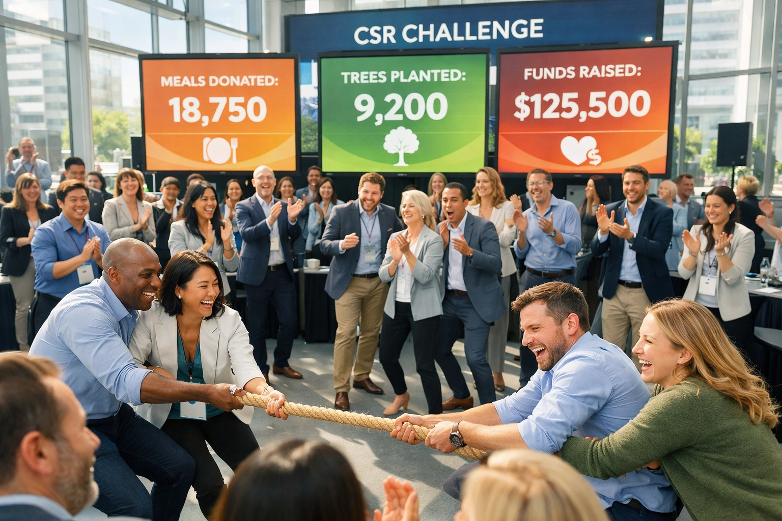 15 Super Bowl Brand Activation Ideas That Transform Passive Event Attendance Into Client Acquisition Business professionals participating in corporate social responsibility challenge event