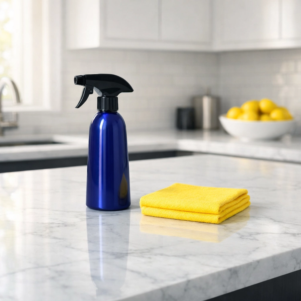 Professional spray bottle and microfiber cloth on a clean marble counter in a Worcester home.