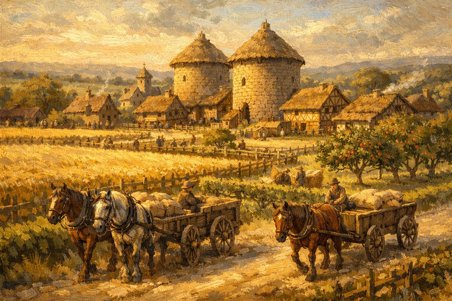 Valeharrow farming village with wheat fields, orchards, and stone granaries in Cantorin's Golden Vale