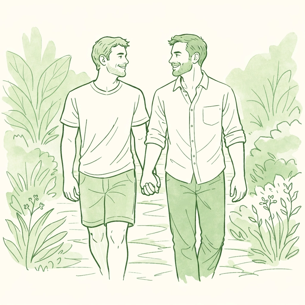 Happy MM couple walking through a garden, representing authenticity and pride in a gay love story.