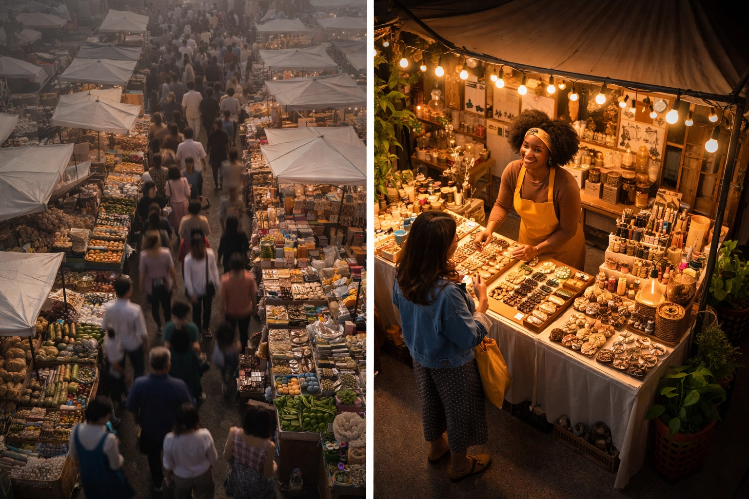Marketplace scene showing contrast between crowded vendors and a standout Black woman entrepreneur, highlighting business differentiation.