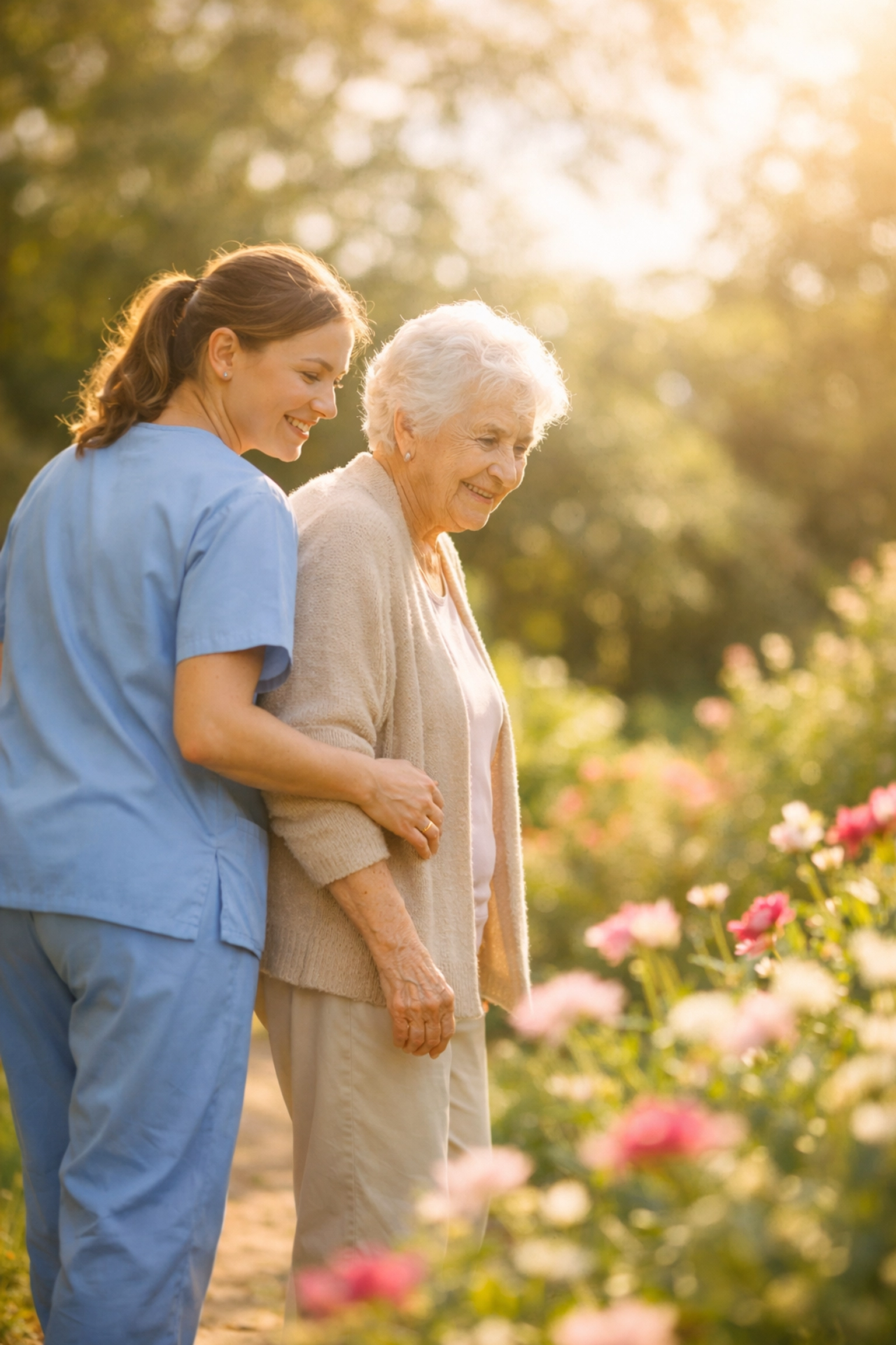 Senior woman walking in a sunny garden with the help of a companion caregiver for holistic health in Houston.