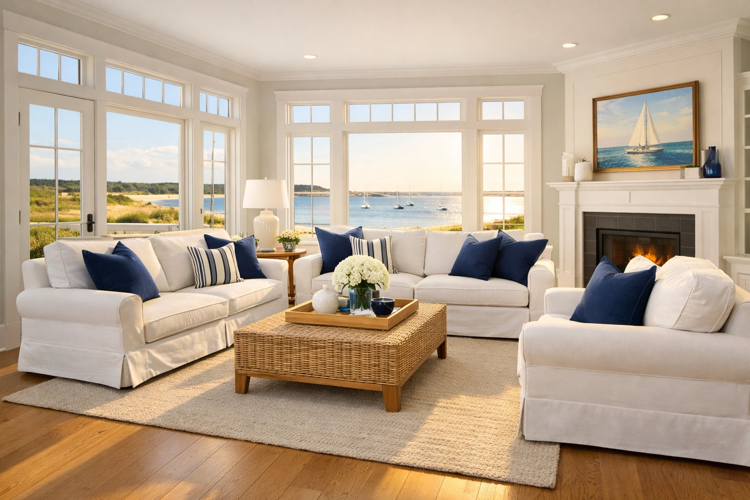 Pristine coastal living room in Barnstable with sand-free hardwood floors and clean furniture.