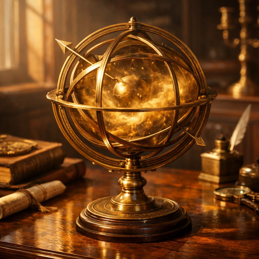 Astrological armillary sphere on a desk representing a birth chart map for the healing journey.