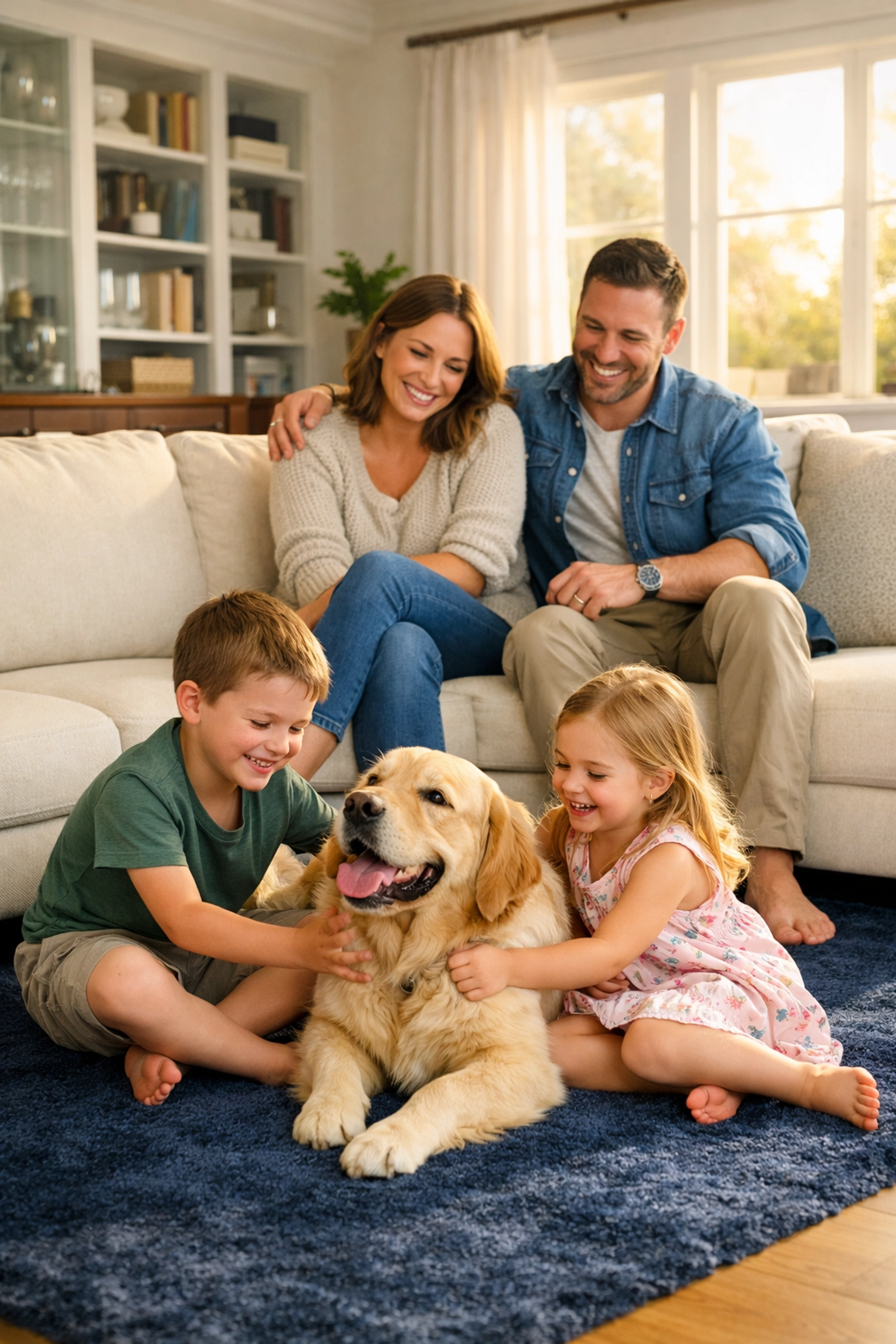 Lincoln family relaxing in a clean home after a professional weekly house cleaning service.