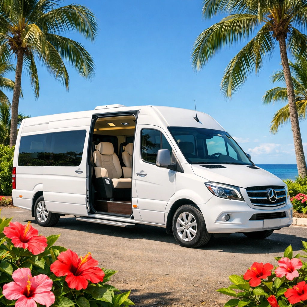 Private luxury van for Liberia airport shuttle transfers parked on a tropical Guanacaste road.