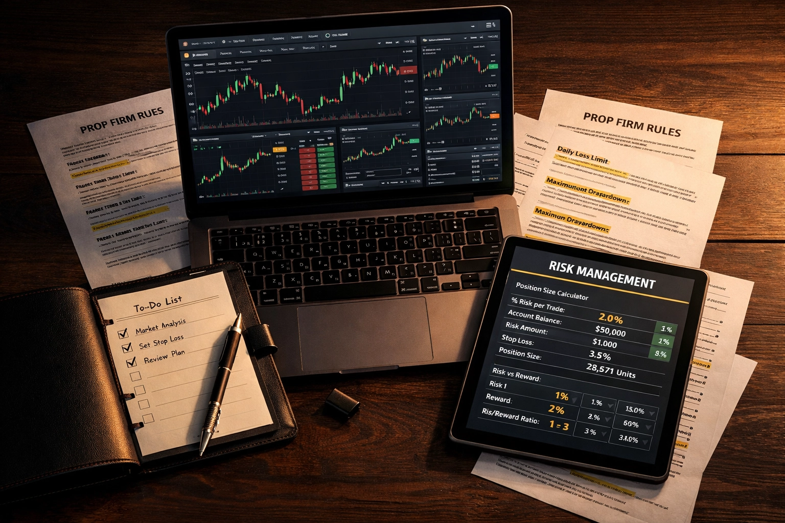 Crypto trading workspace with risk management spreadsheets and prop firm challenge checklist