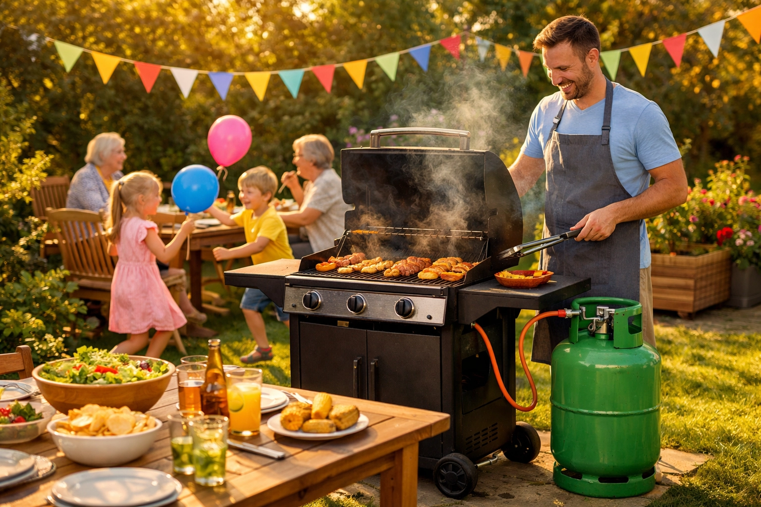 Family garden BBQ party with LPG gas cylinder and helium balloons on sunny afternoon