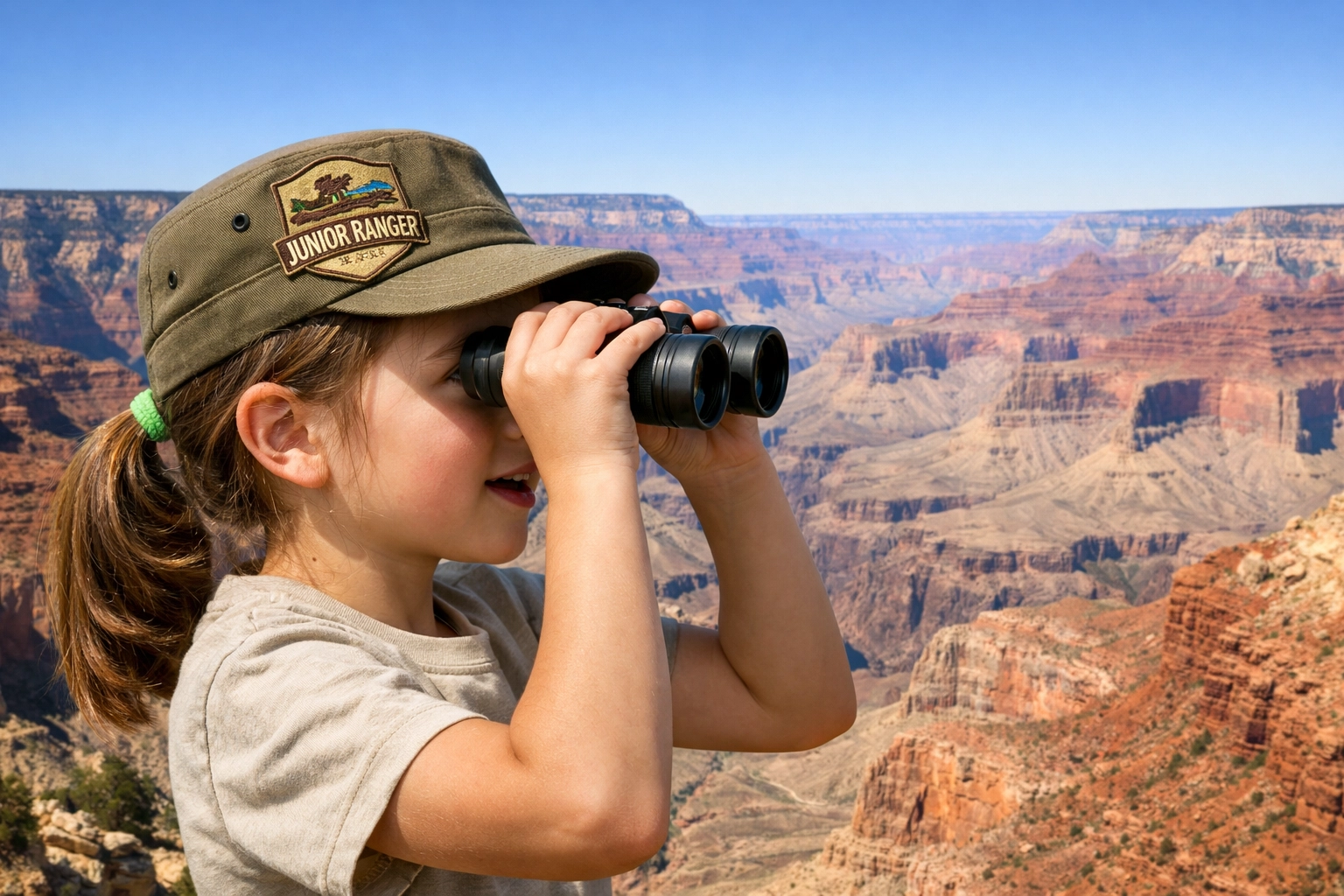 A young girl in a Junior Ranger hat viewing the Grand Canyon, a top educational activity for family trips.