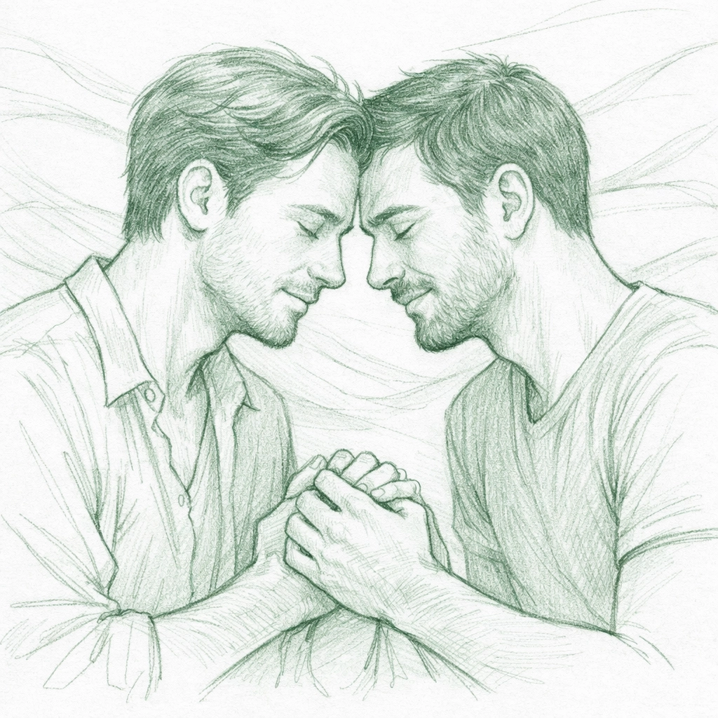 Gay couple in intimate conversation about boundaries and emotional intimacy