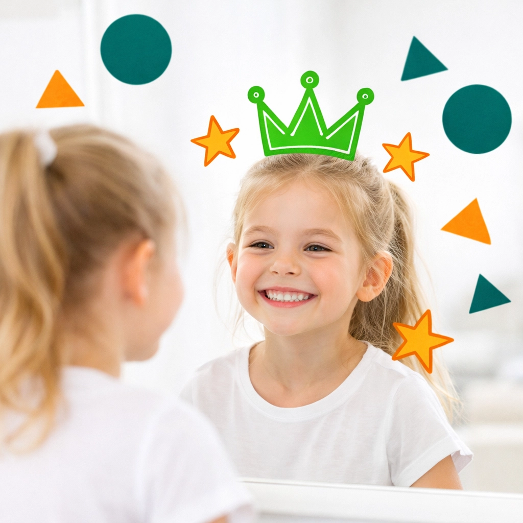 A joyful girl smiling in a mirror representing self-awareness and confidence in children.