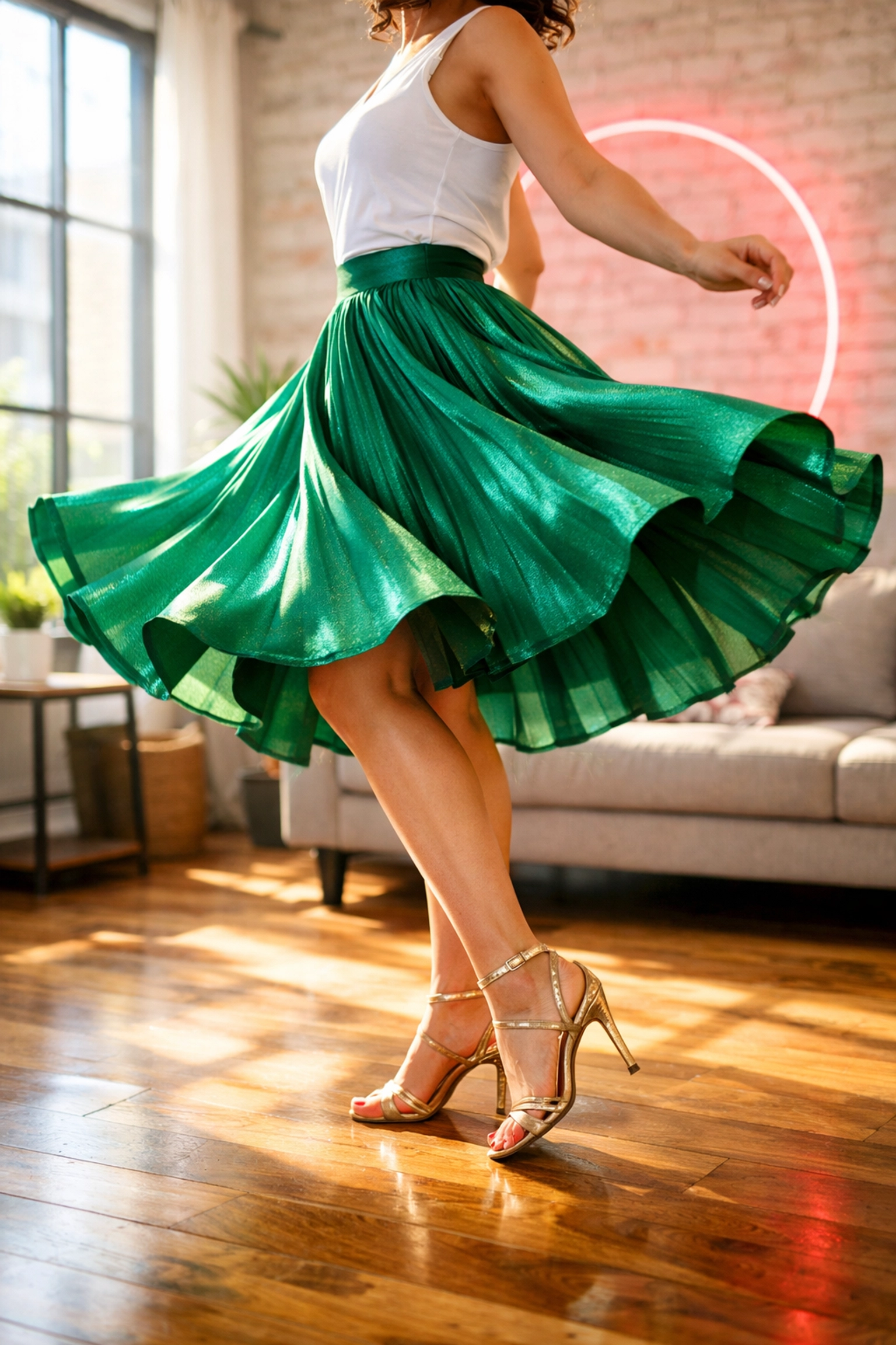 Trans woman twirling in a green skirt and heels, expressing feminine confidence and the joy of being present.
