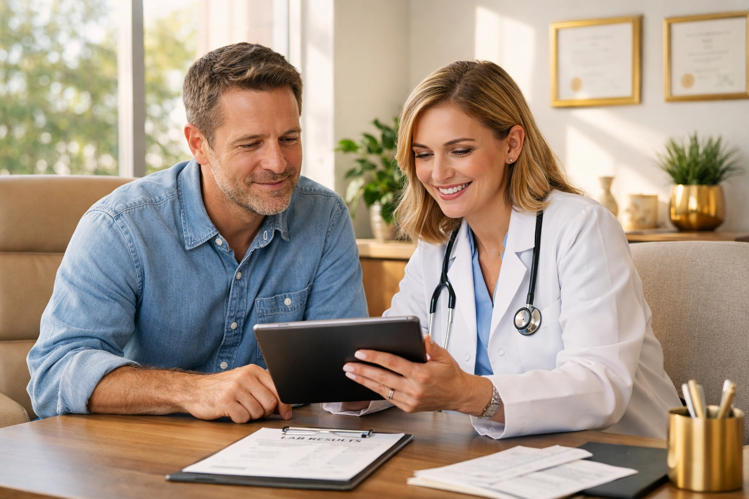 Patient and doctor reviewing testosterone lab results during follow-up appointment