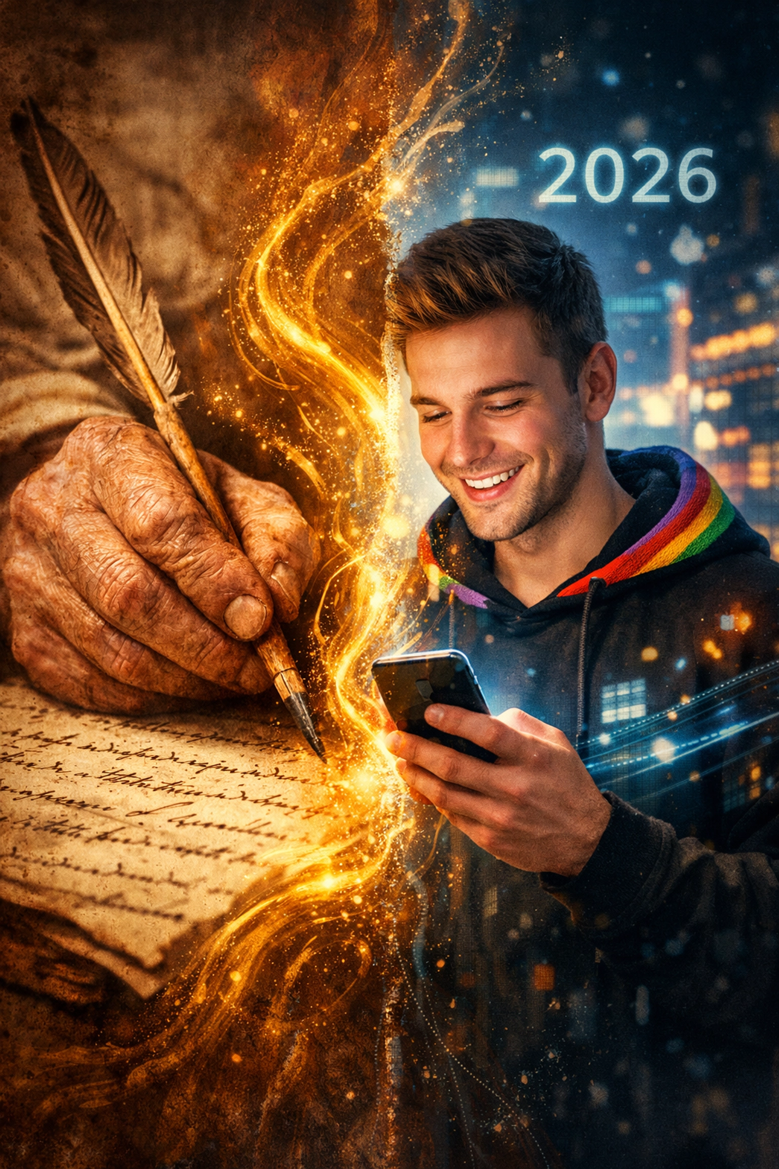 A modern reader discovering ancient queer history on a phone, connecting past and present popular gay books.
