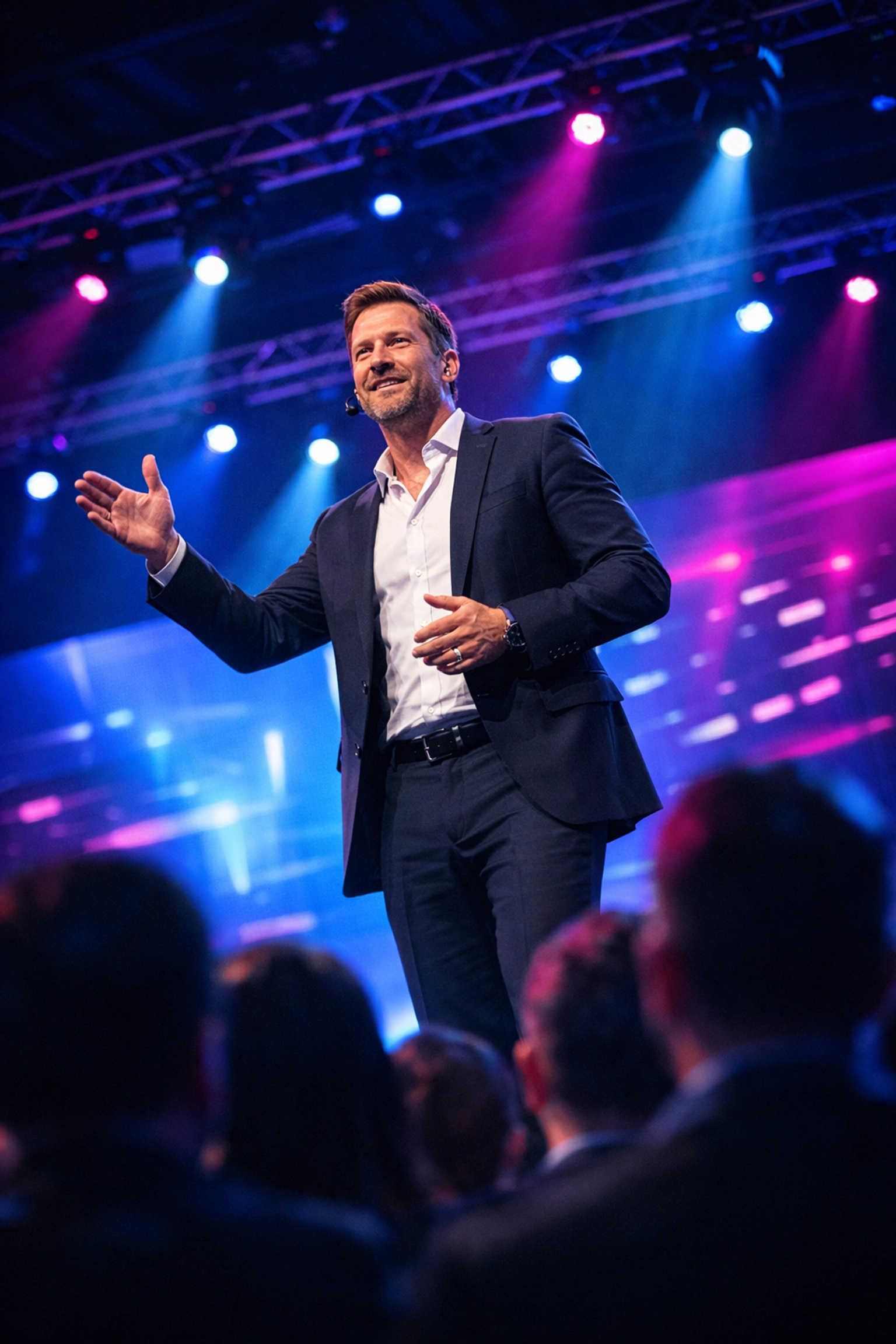 Keynote speaker presenting at a corporate event in Miami with professional stage lighting.