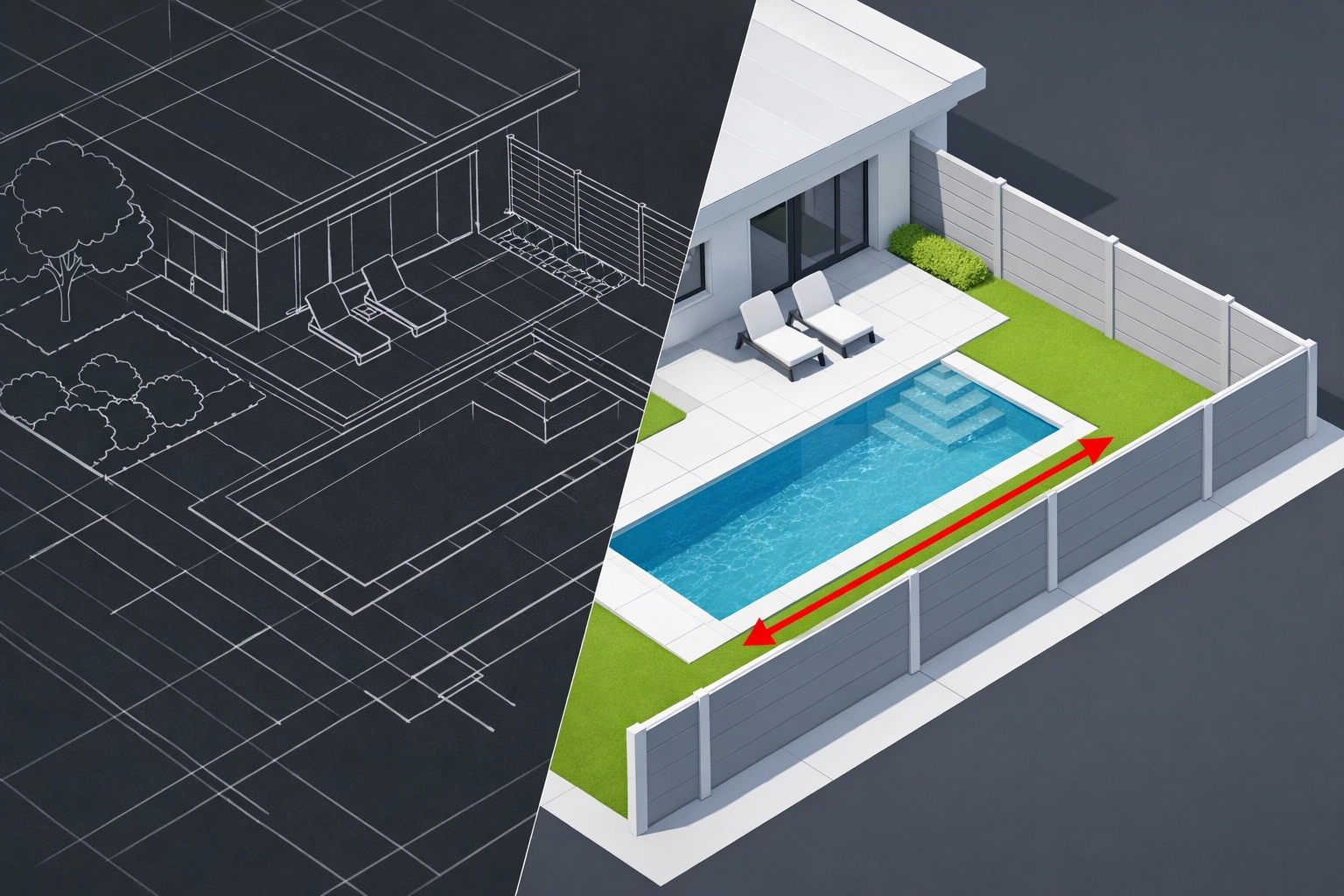 Illustration d'un certificat de localisation incluant piscine et clôture pour vendre sa maison à Québec.