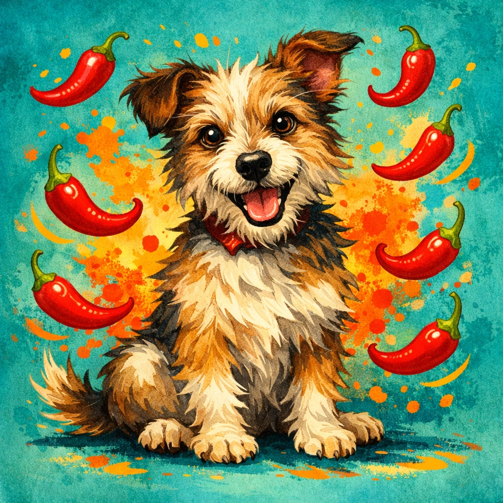 Scruffy terrier illustration with chili peppers representing the personality of a spicy reactive dog.
