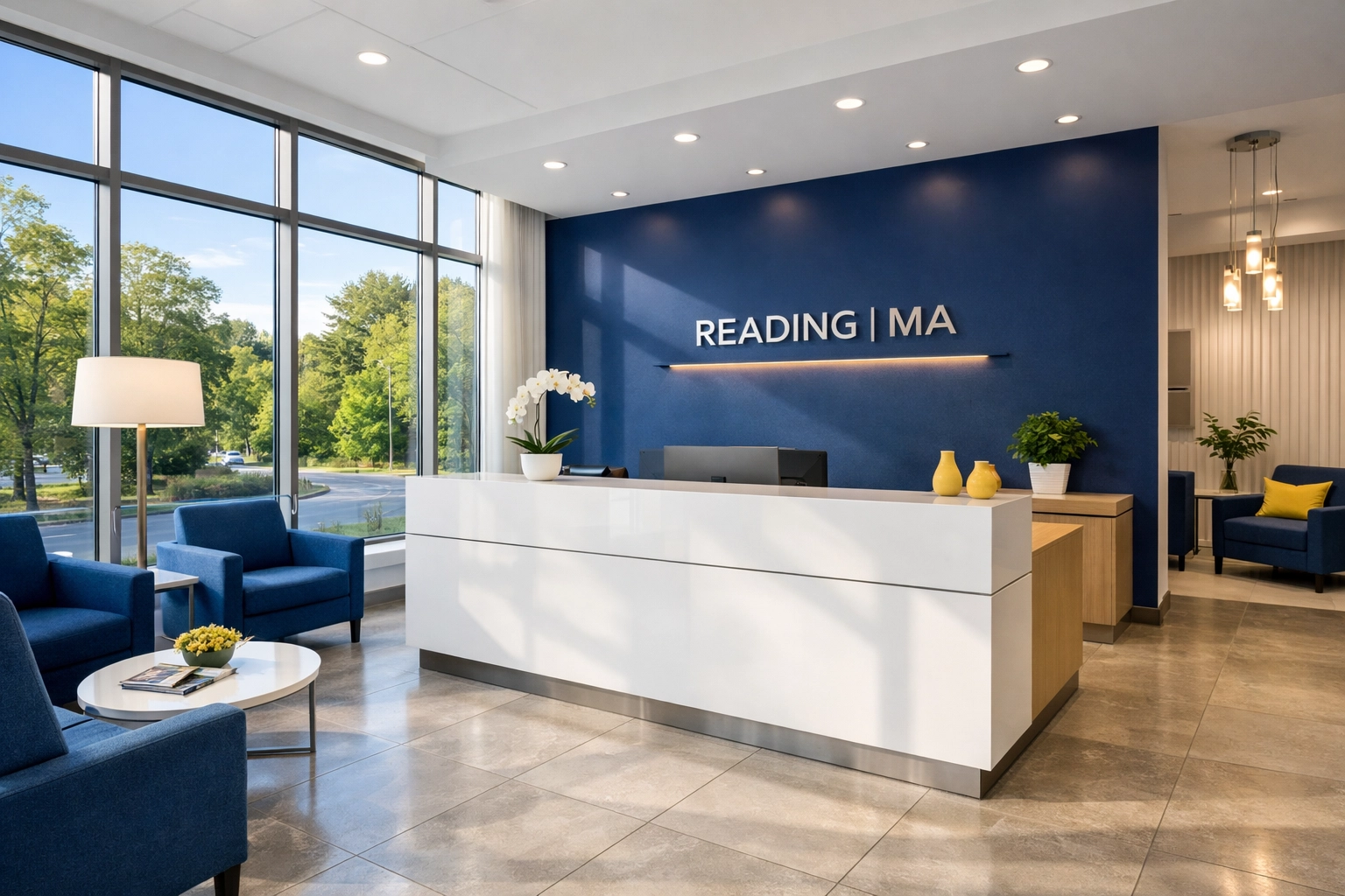 Clean and bright suburban office lobby in Reading, MA, showcasing janitorial excellence and a professional workspace.