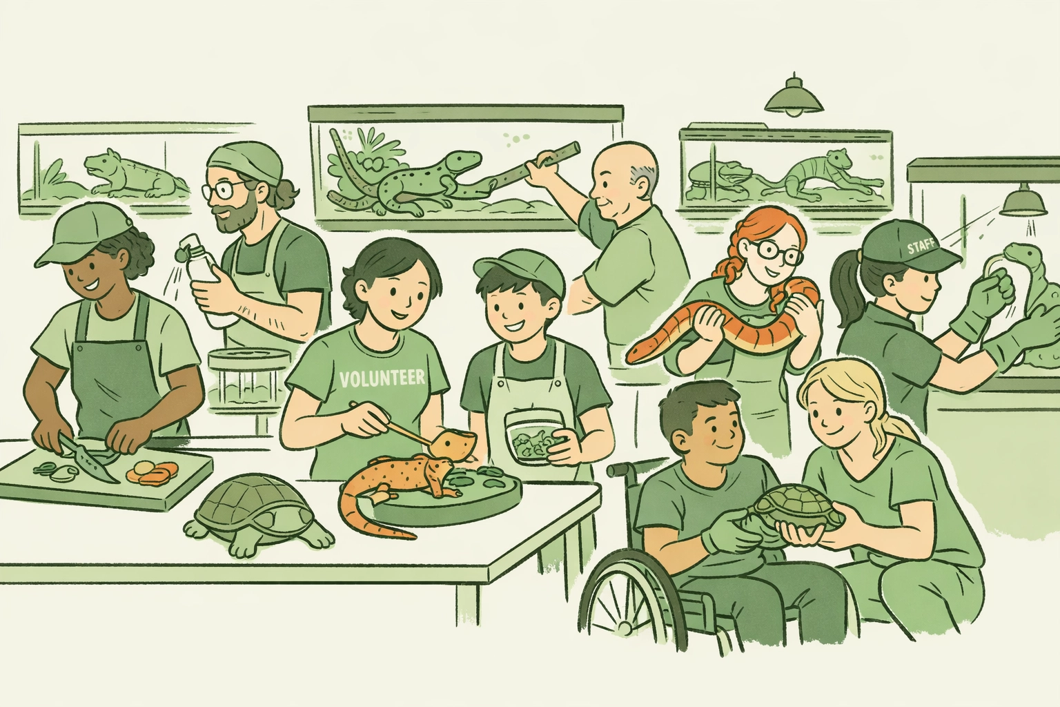 Diverse LGBTQ+ volunteers caring for rescued reptiles in inclusive sanctuary