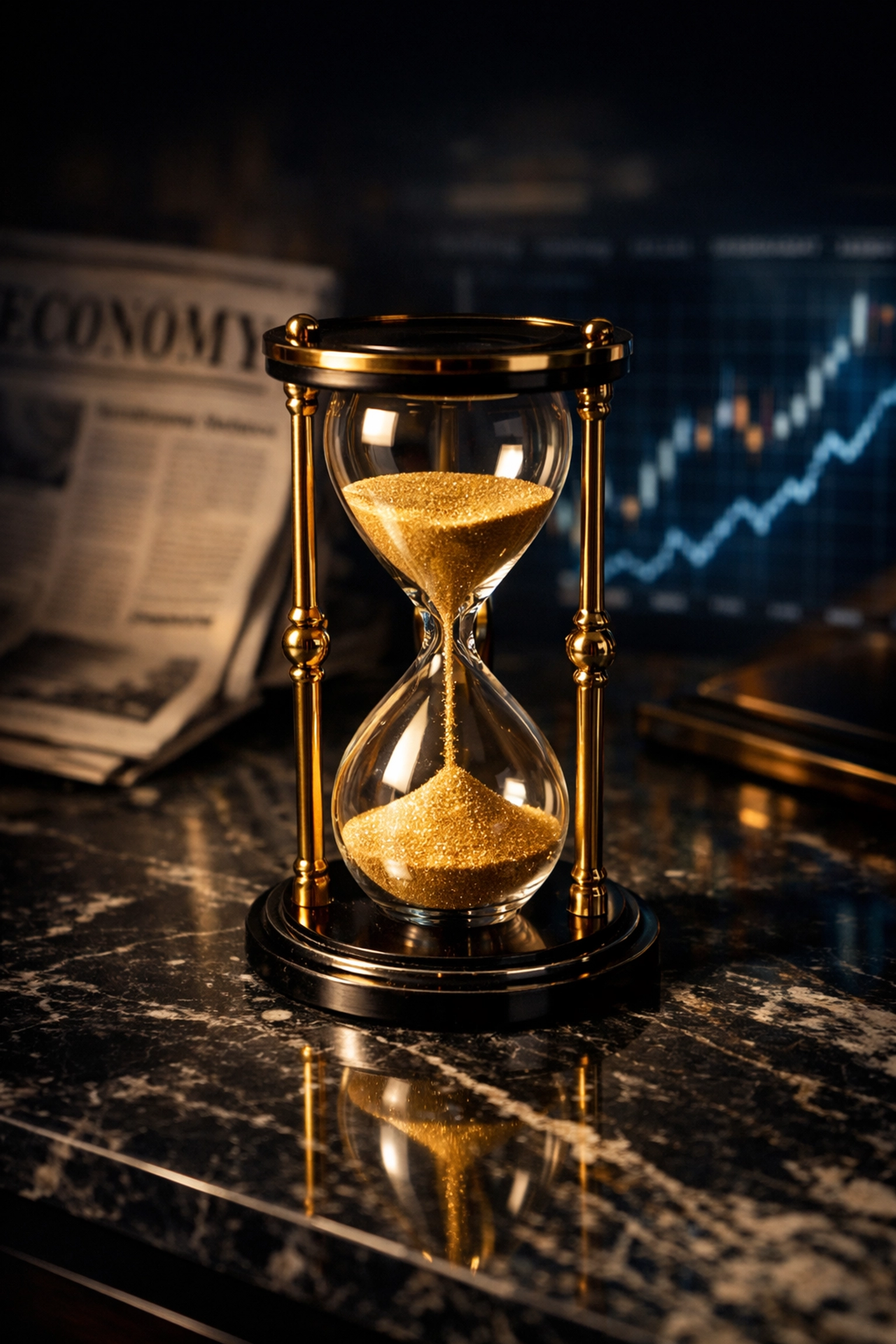Hourglass symbolizing long-term wealth management strategy with market charts in background