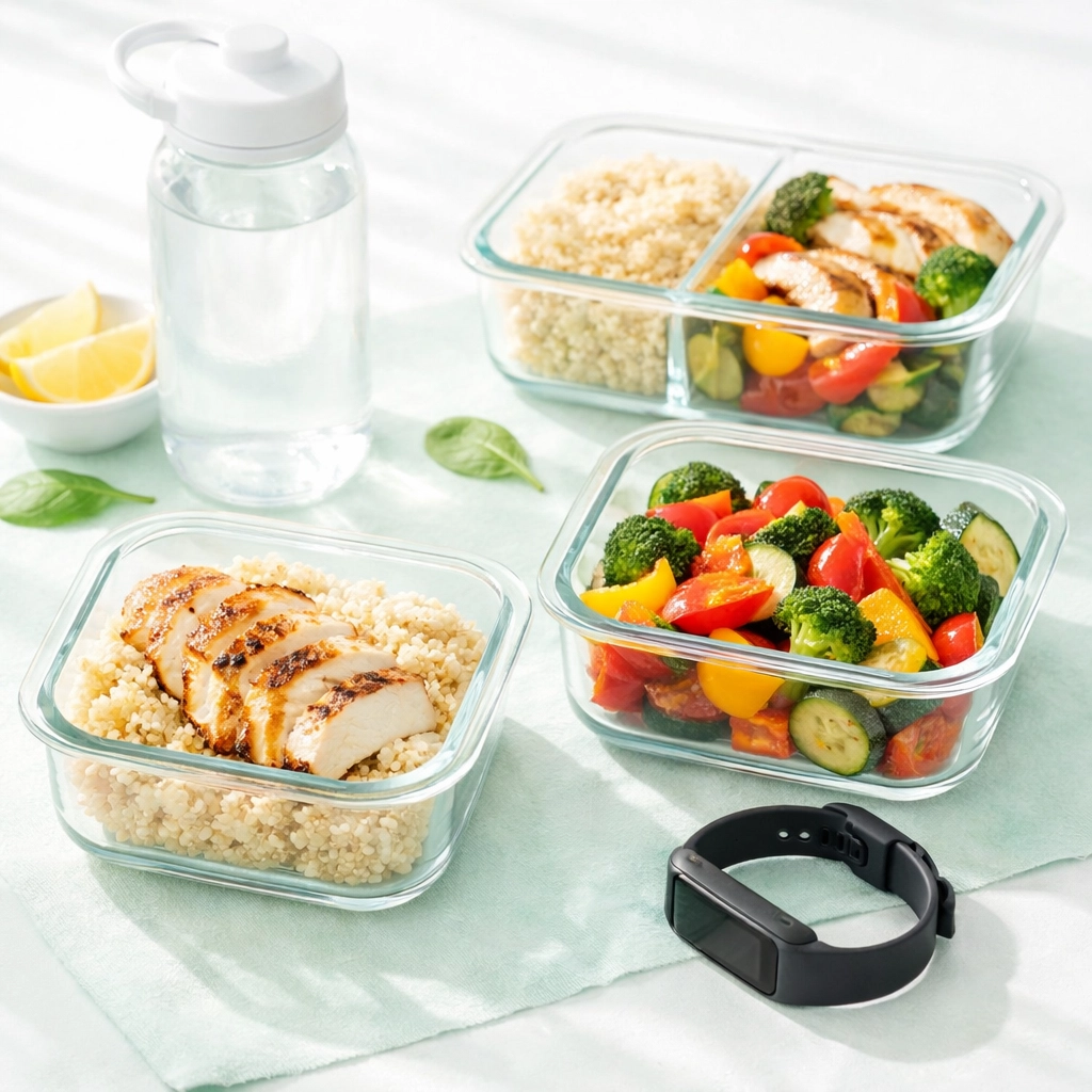 Healthy meal prep containers with grilled chicken and vegetables alongside fitness tracker