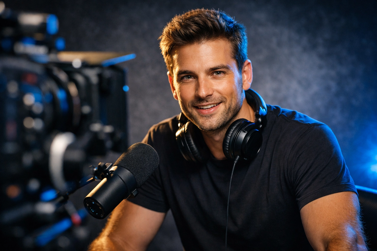 Professional content creator filming a series of videos in a studio to save hours through batch production.