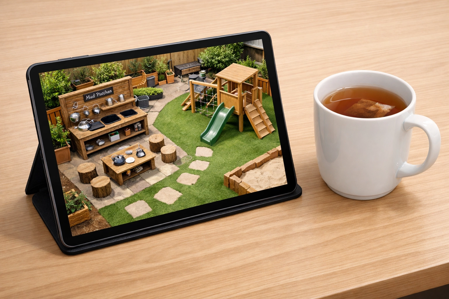 A tablet displaying a remote 4K CCTV view of a nursery playground, perfect for easy safeguarding oversight.
