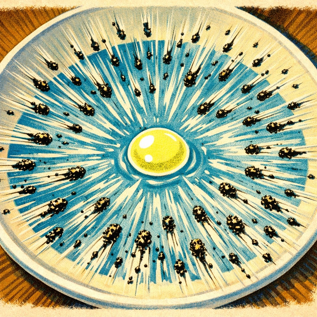 Black pepper flakes rapidly scattering away from soap drop in water demonstrating surface tension break