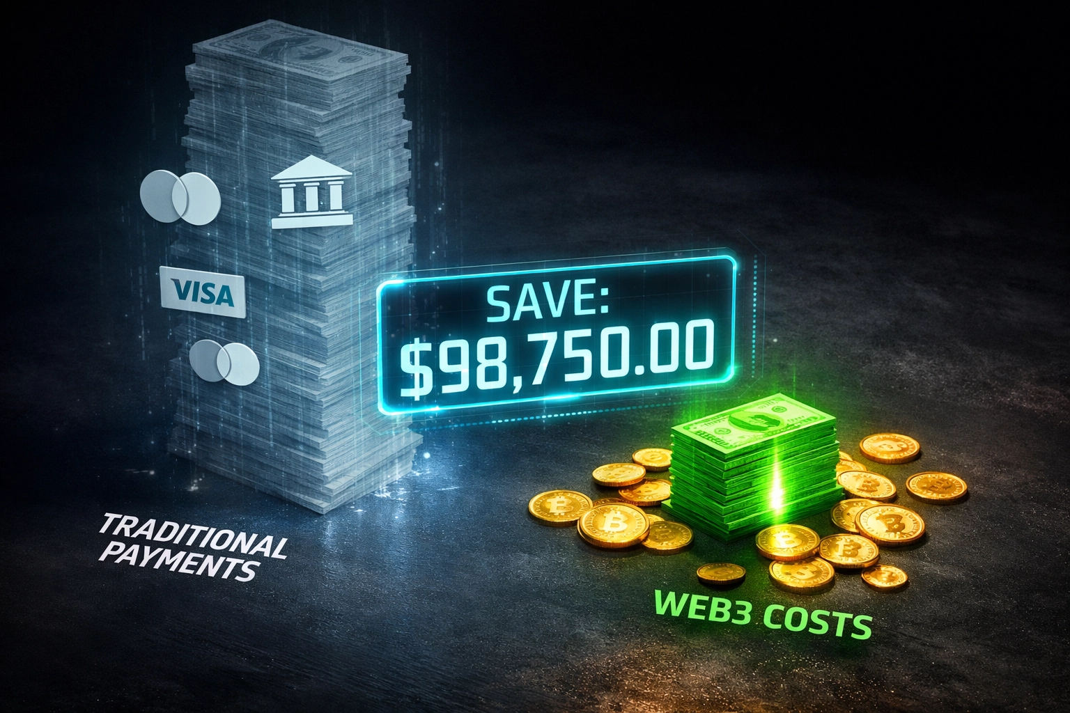 Cost comparison showing massive savings from reducing Visa interchange fees with Web3 crypto payments