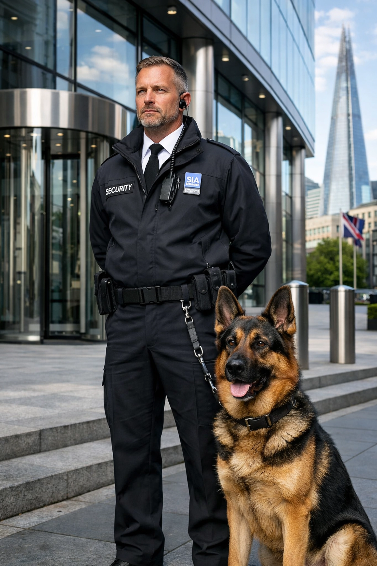 SIA-licenced guard with a trained security dog providing premier protection outside a London corporate building.