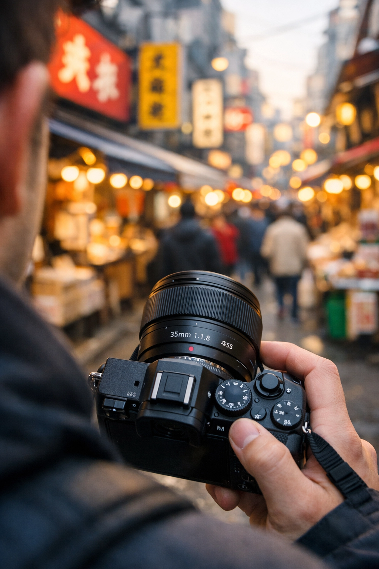 Photographer holding a mirrorless camera with a prime lens at Tsukiji Outer Market for food photography.