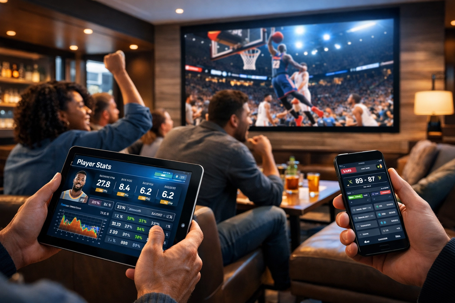 Diverse sports fans using mobile devices to engage with real-time analytics during a live broadcast.