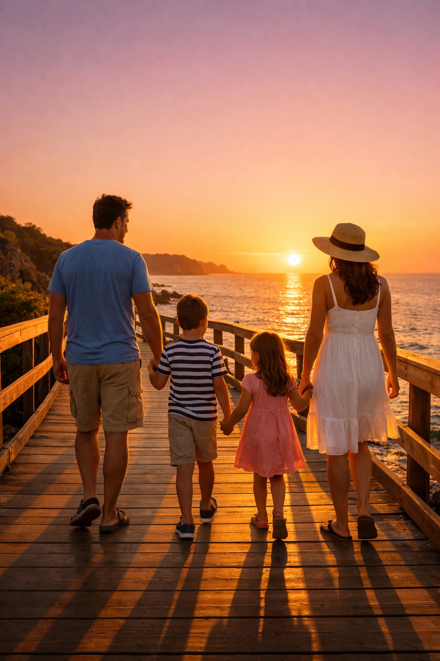 Family walking on a coastal boardwalk at golden hour for the best photography locations.
