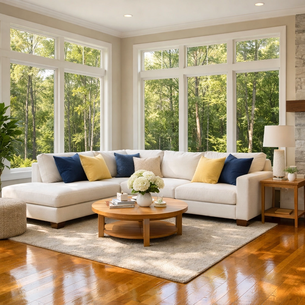 Bright, tidy living room in Gardner showing the results of professional weekly house cleaning Gardner MA.