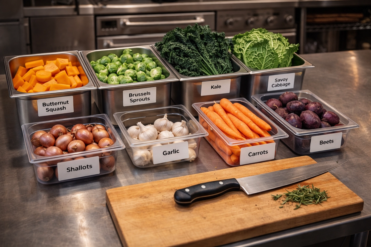 Fresh winter vegetables prepped on a stainless steel table in a professional kitchen