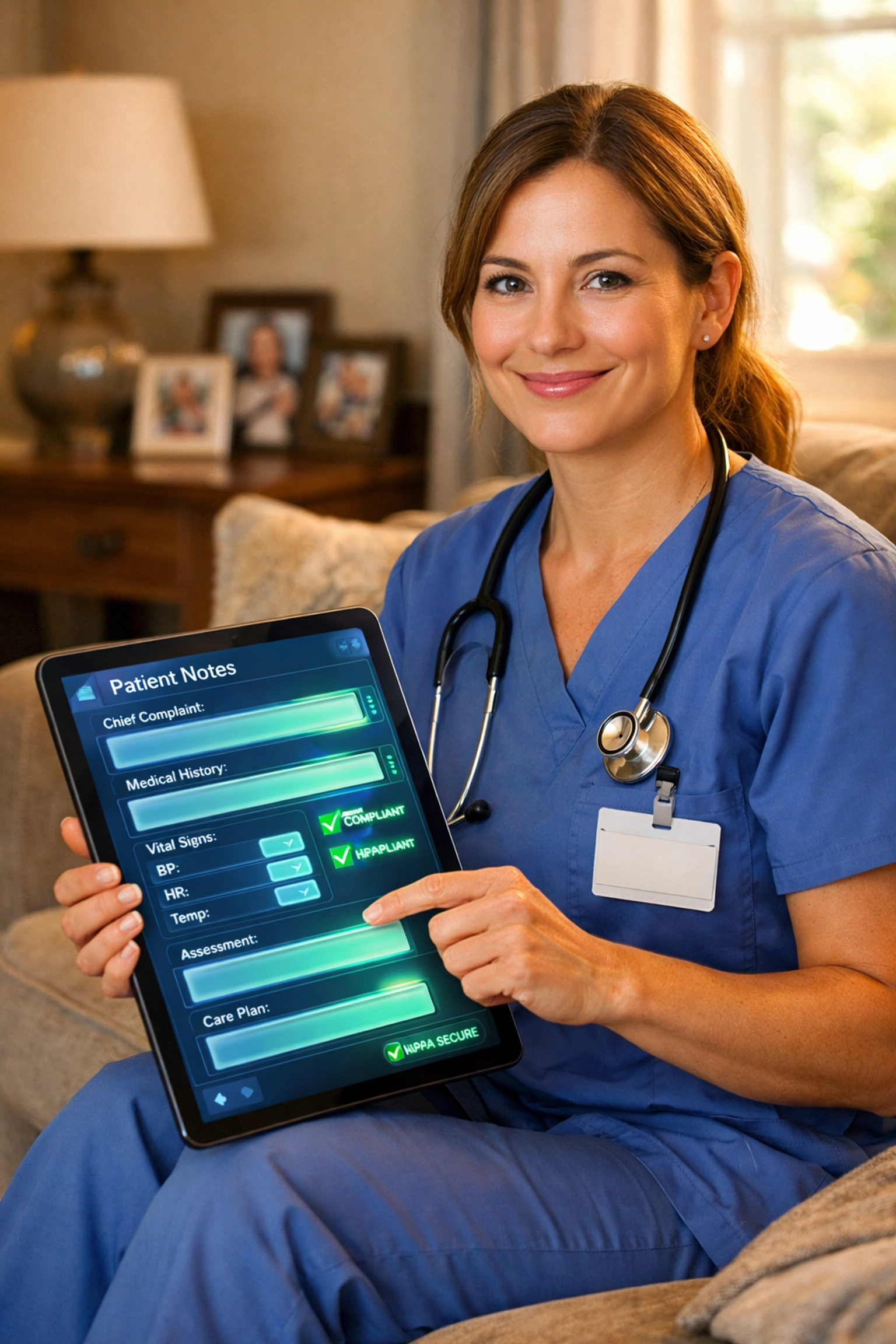 Home health nurse using AI documentation software with compliance indicators in patient's living room