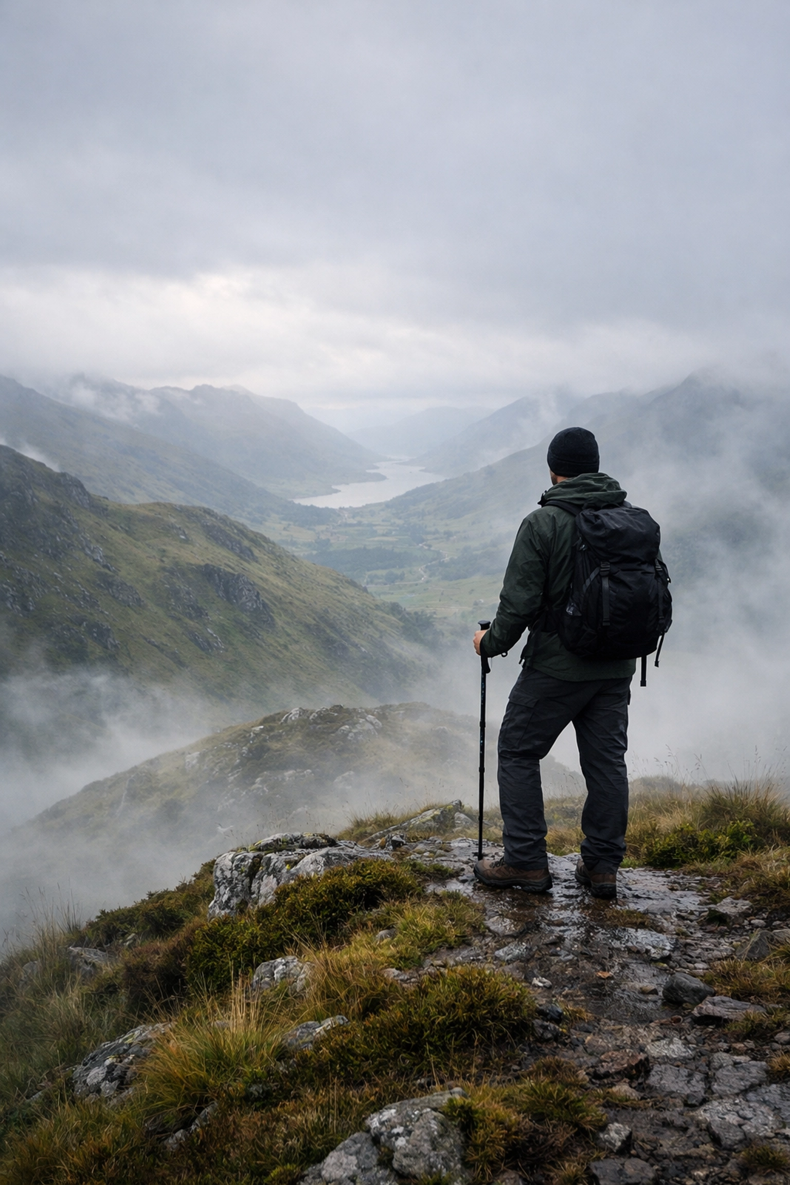 A hiker standing confidently on a misty Scottish Highlands ridge during a guided hiking tour.
