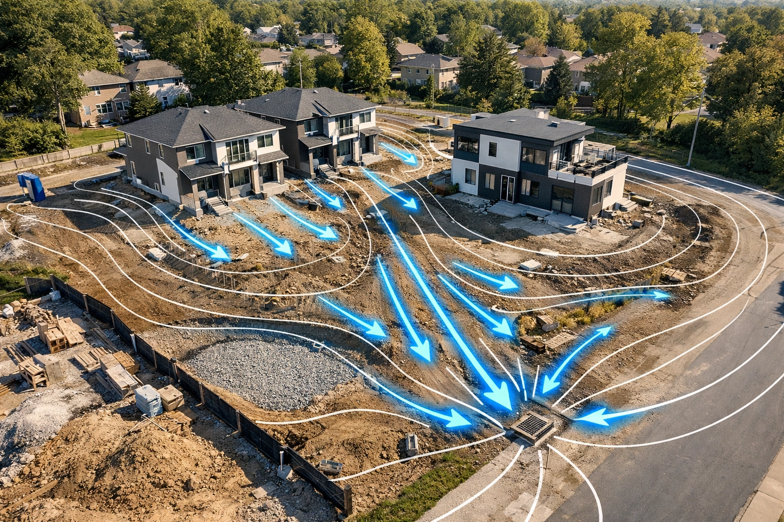 Professional site grading plan overlay on an Ontario multi-unit conversion project showing proper water drainage.