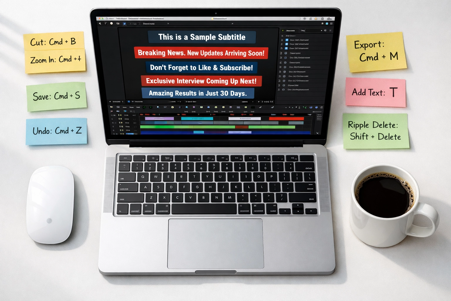 Laptop displaying video caption editor with editing shortcuts and workspace tools - Simon Leung