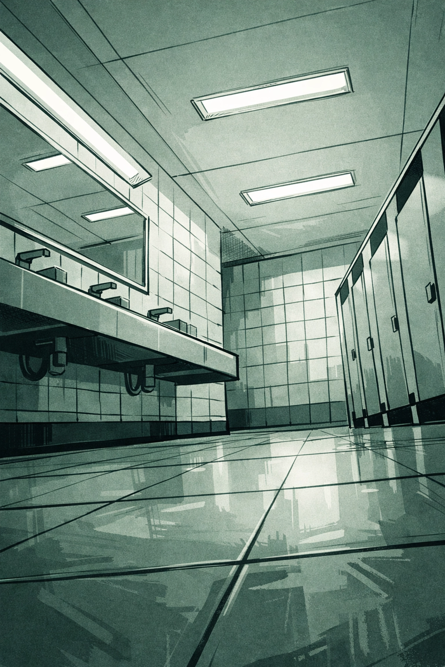 Empty cinema bathroom interior with closed stalls - public encounter setting in gay fiction
