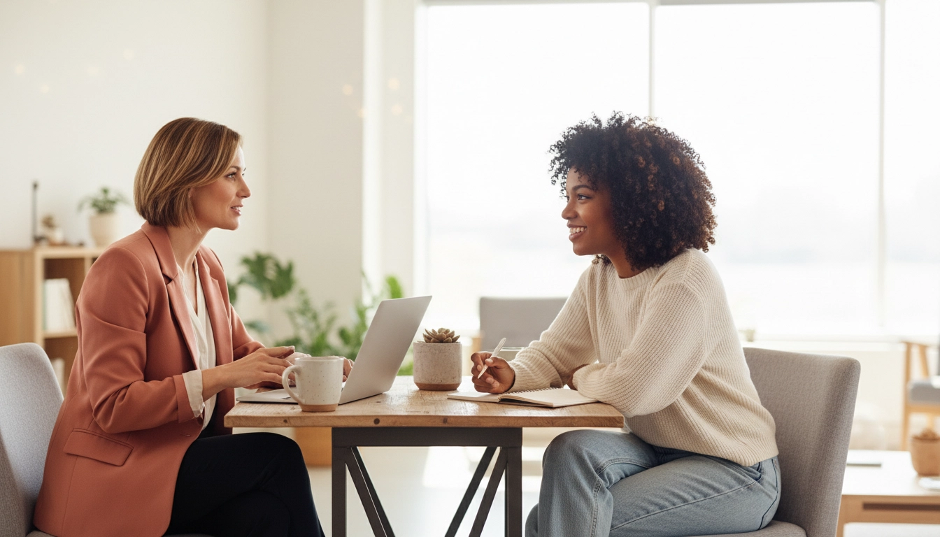 Confident women entrepreneurs in a coaching conversation.