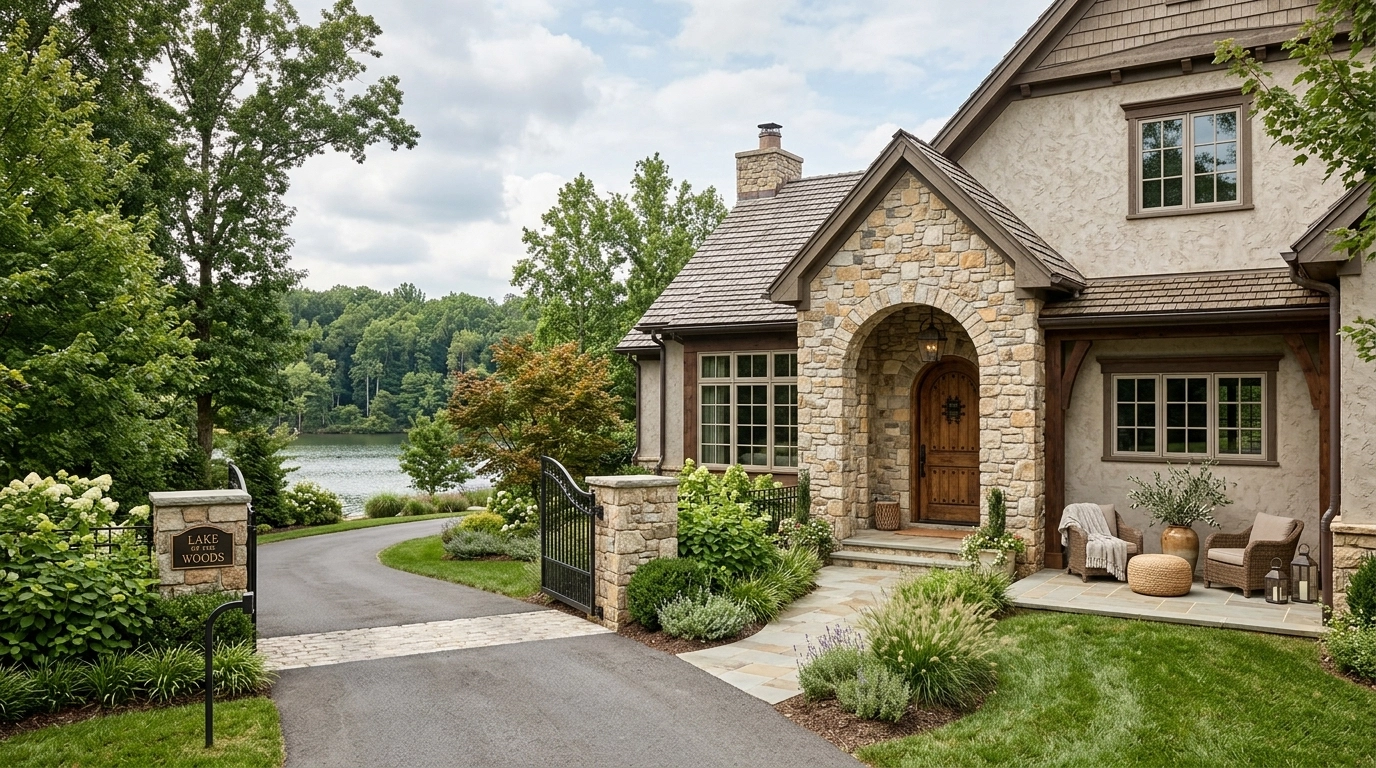 Boho Chic luxury home exterior with gated community details in Orange County
