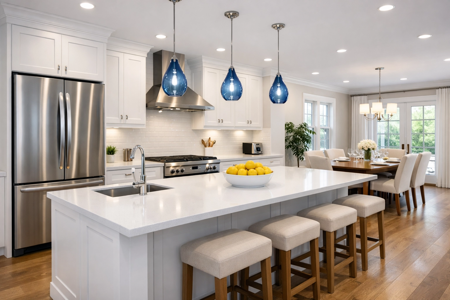 Pristine white kitchen in Ayer featuring smudge-free appliances and a clean quartz island.