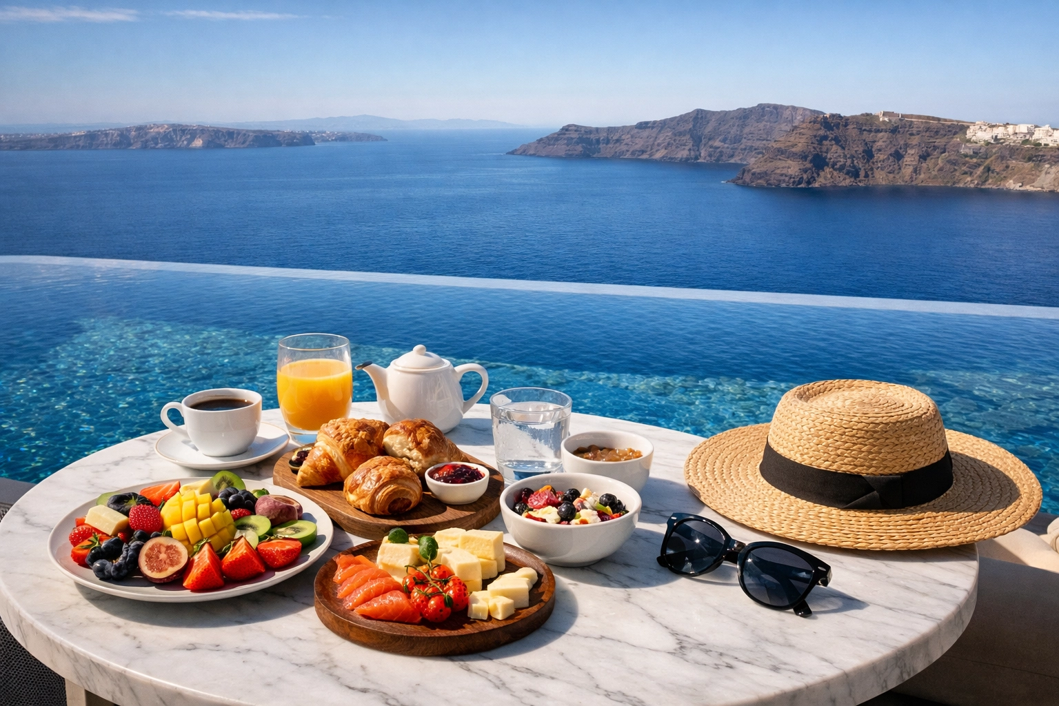 A relaxing breakfast by a luxury infinity pool overlooking the sea during a stress-free vacation.