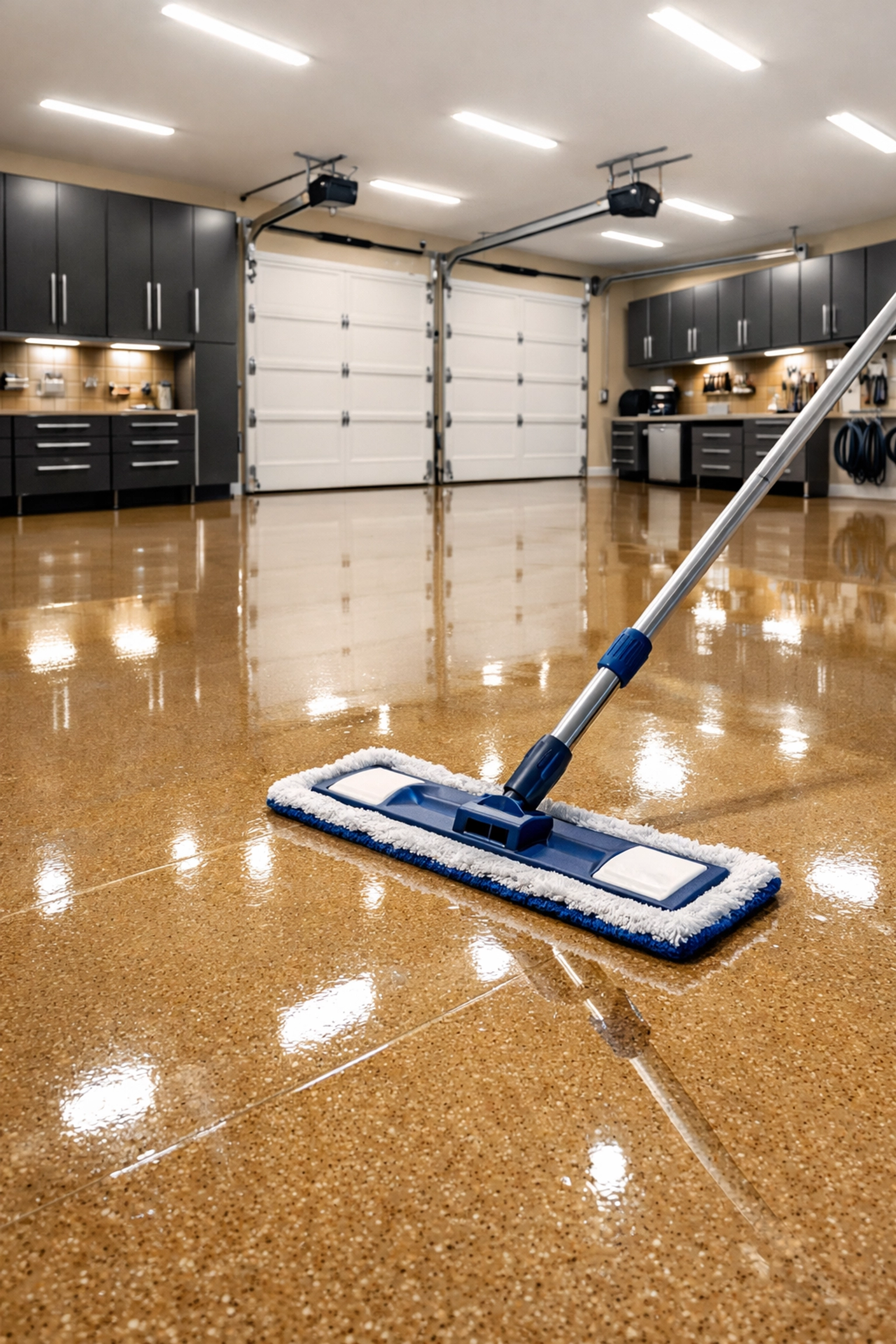 Low maintenance tan epoxy garage floor in Madison MS being mopped to demonstrate easy cleanup.